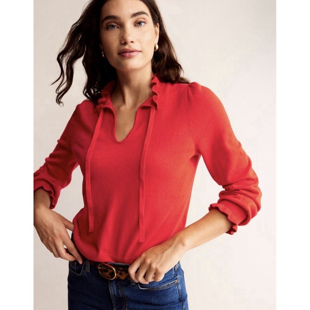 Boden M Poppy Red Sweater Tie Ruffle Collar Cuffs Cotton Wool Knit Top Holiday